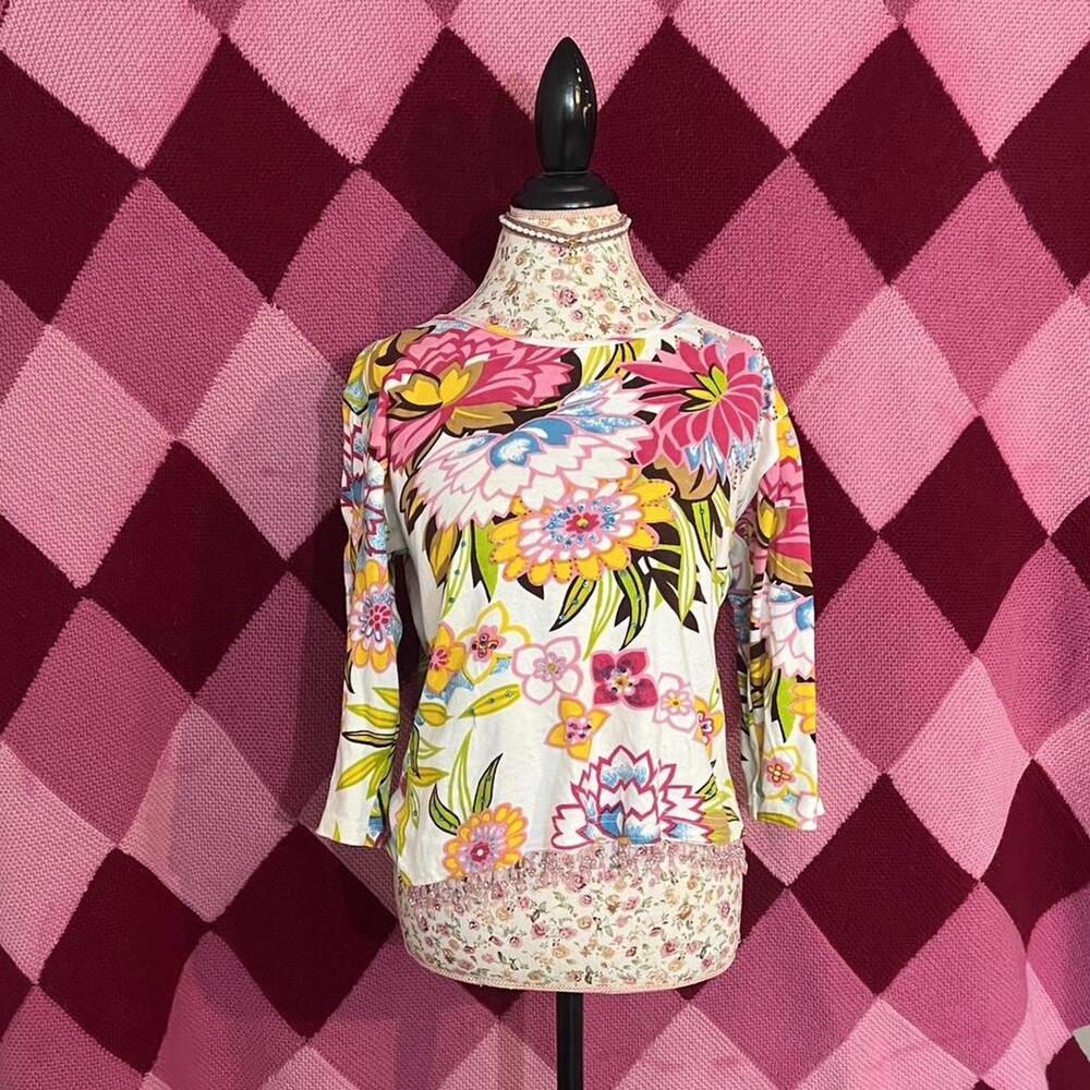 y2k pink floral beaded longsleeve blouse